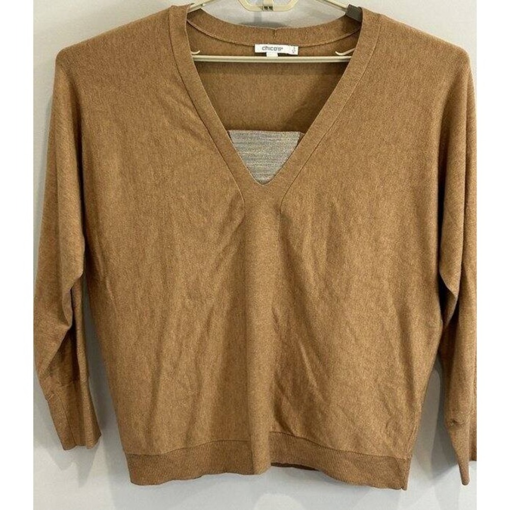Chicos Lightweight Tan Sweater Metallic Inset V Neck Nylon Cashmere Blend 3 XL